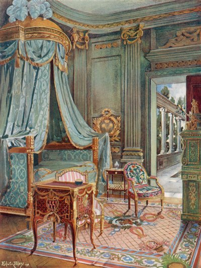 Geschnitztes und vergoldetes drapiertes Kuppelbett. Bureau-Toilette (oder Petit Secretaire) in Marqueterie. Cartonnier in grünem Lack von Edwin John Foley